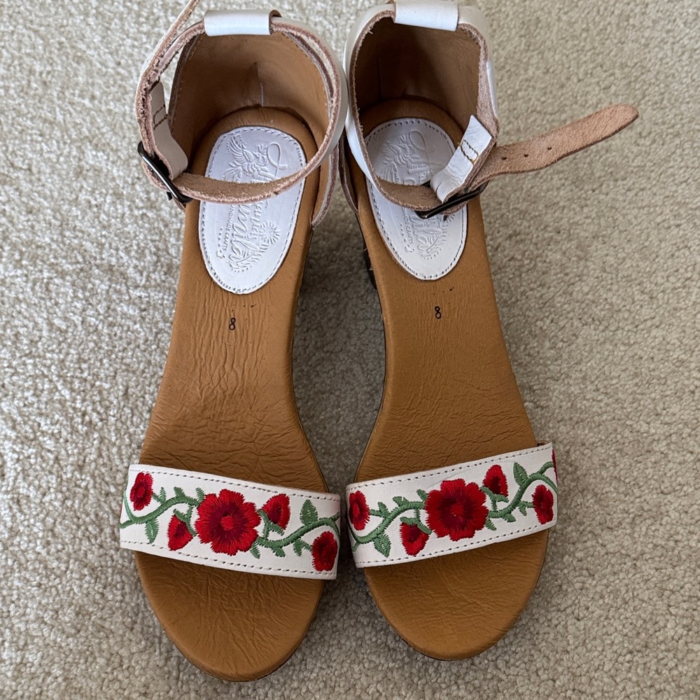 Vintage Red Floral Embroidered White Sandals